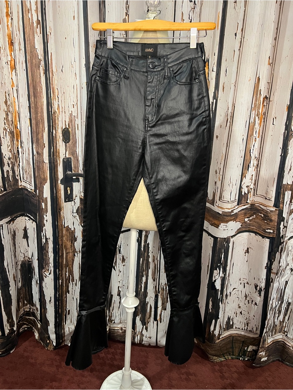 Black Faux-Leather Flared-Hem High-Rise Pants